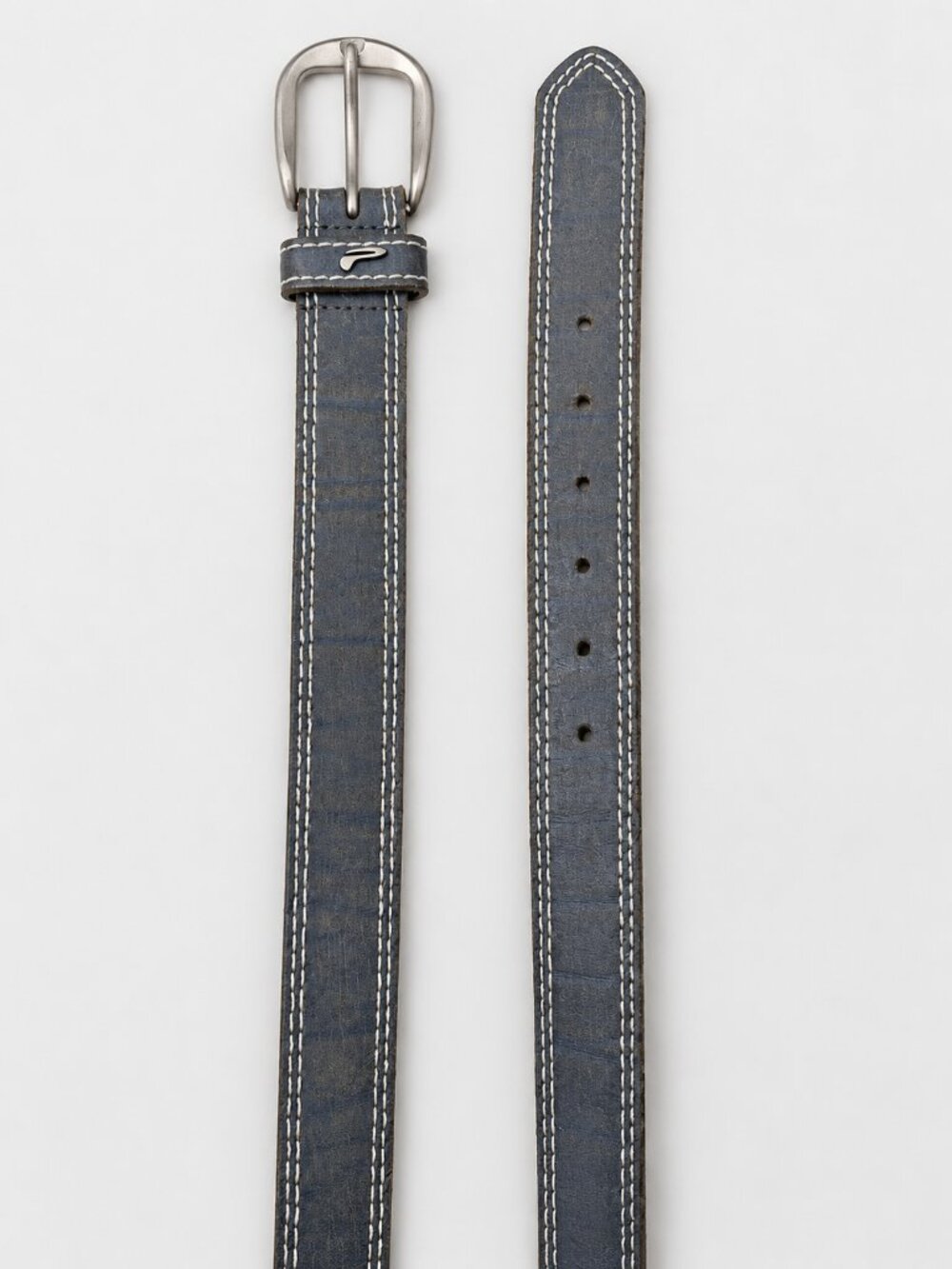 Leather Blue Grey Belt Contrast Stitching Brushed Metal Buckle M Denim Style